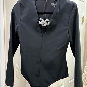 Zara Black Long Sleeve Bodysuit with Chain Detail